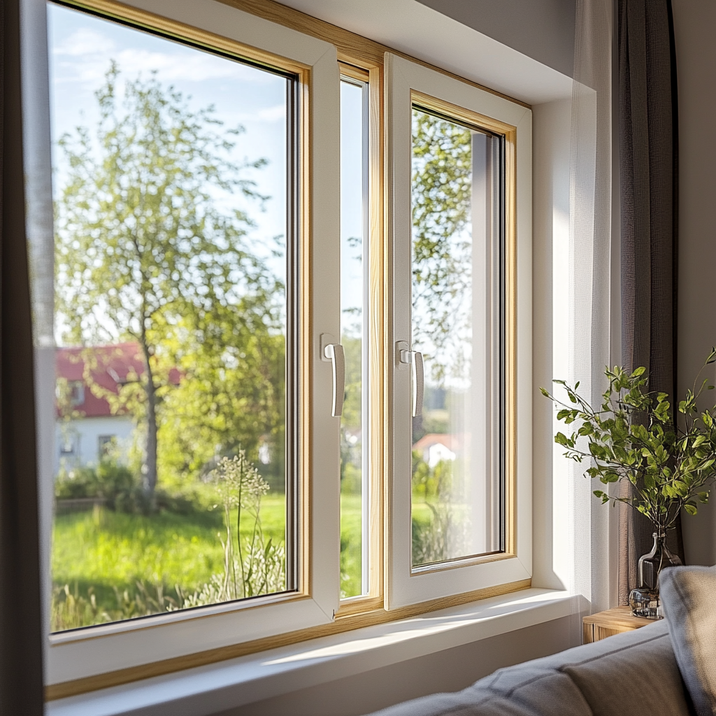 A double window with a view of someones backyard